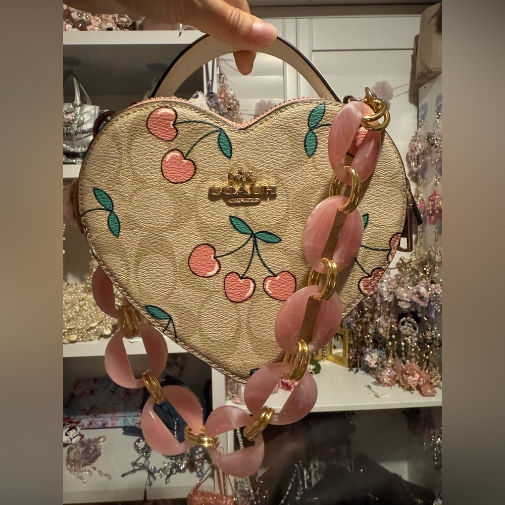 NWT Coach Heart-Shaped Bag with Cherry Print and Pink Chain